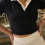 Load image into Gallery viewer, Black and White Polo Crop Top