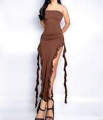 Load image into Gallery viewer, Mocha Brown Slit Dress with Ruffles