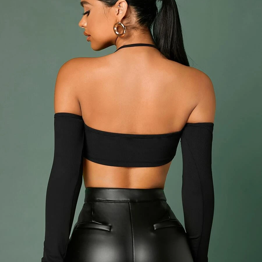 Black Cold Shoulder Backless Top