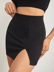 High Waist Solid Split Hem Skirt
