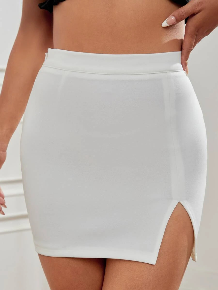 High Waist Solid Split Hem Skirt