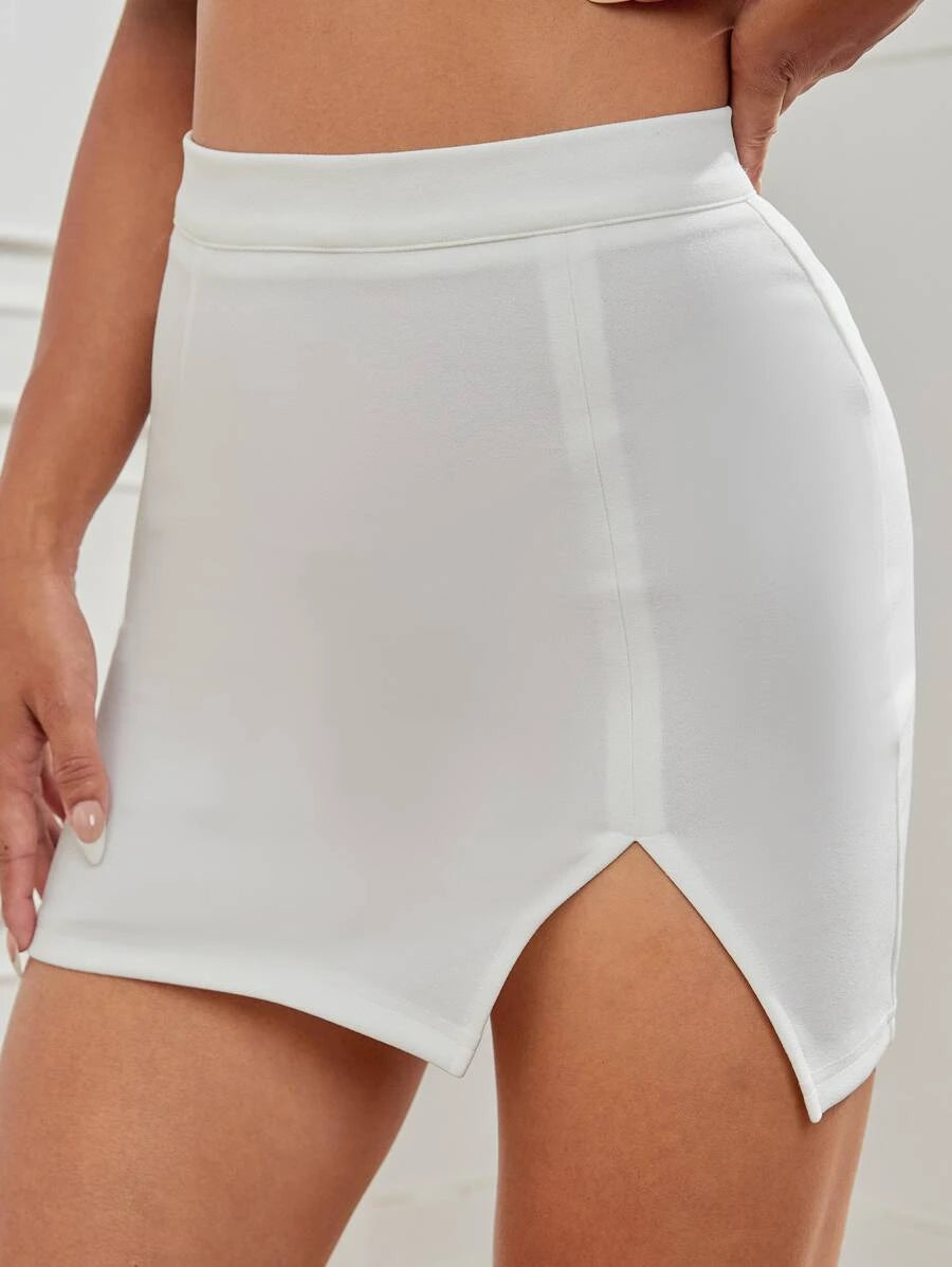 High Waist Solid Split Hem Skirt