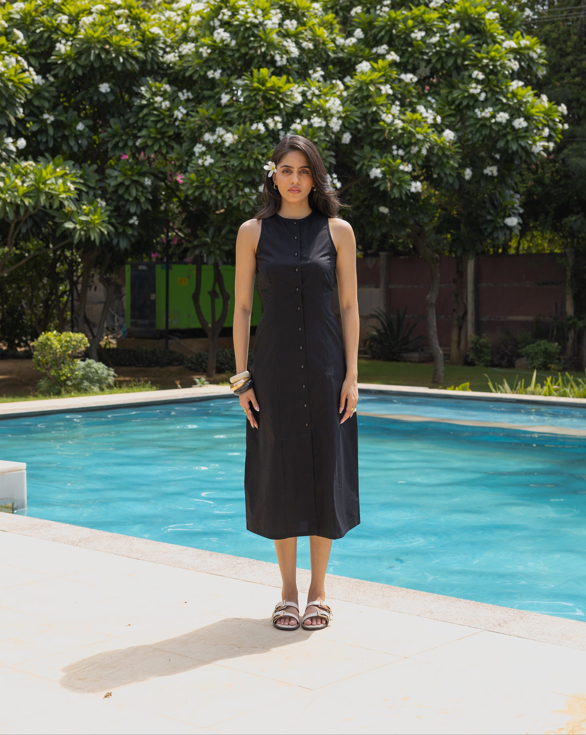 The Reverie Dress- Noir Poplin Midi Dress