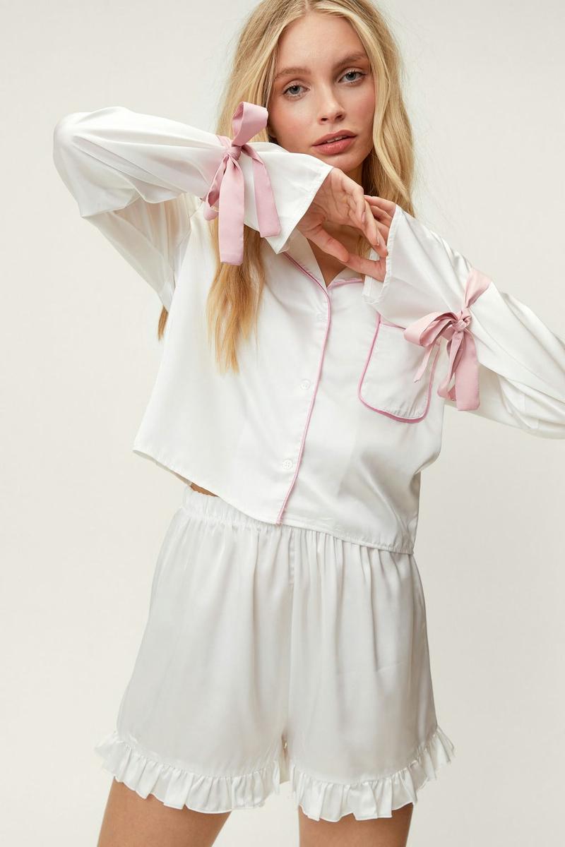 White Satin Nightsuit with Shorts (Pink Details)